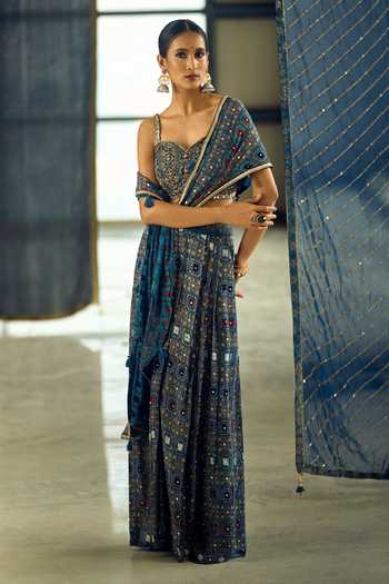 Shop_Samyukta Singhania_Blue Satin, Viscose, Modal Geometric Print Pre-draped Saree With Blouse 