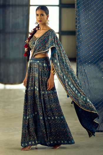 Shop_Samyukta Singhania_Blue Satin, Viscose, Modal Geometric Print Pre-draped Saree With Blouse _Online