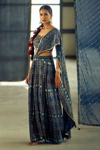Samyukta Singhania_Blue Satin, Viscose, Modal Geometric Print Pre-draped Saree With Blouse 
