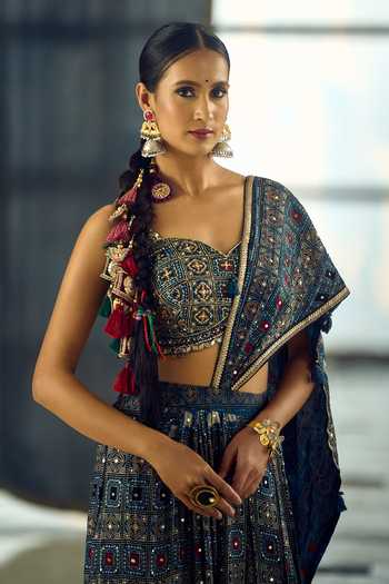 Samyukta Singhania_Blue Satin, Viscose, Modal Geometric Print Pre-draped Saree With Blouse 