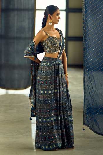 Shop_Samyukta Singhania_Blue Satin, Viscose, Modal Geometric Print Pre-draped Saree With Blouse _at_Aza_Fashions