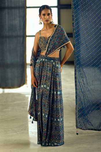 Samyukta Singhania_Blue Satin, Viscose, Modal Geometric Print Pre-draped Saree With Blouse 