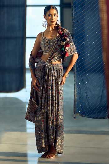 Samyukta Singhania_Multi Color Satin, Viscose, Modal Embellished Pre-draped Saree With Blouse _at_Aza_Fashions