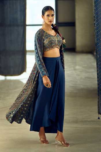 Buy_Samyukta Singhania_Blue Satin, Viscose, Modal Geometric Print Longline Jacket Dhoti Skirt Set _Online_at_Aza_Fashions