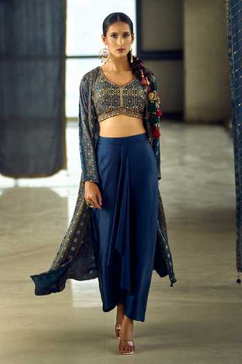 Shop_Samyukta Singhania_Blue Satin, Viscose, Modal Geometric Print Longline Jacket Dhoti Skirt Set _Online_at_Aza_Fashions