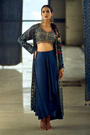Samyukta Singhania_Blue Satin, Viscose, Modal Geometric Print Longline Jacket Dhoti Skirt Set _at_Aza_Fashions