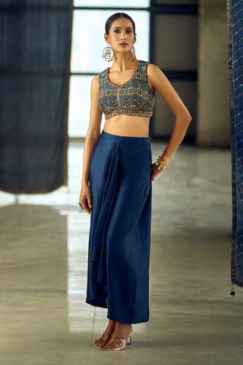 Buy_Samyukta Singhania_Blue Satin, Viscose, Modal Geometric Print Longline Jacket Dhoti Skirt Set 
