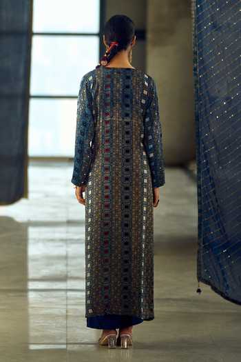 Samyukta Singhania_Blue Satin, Viscose, Modal Geometric Print Longline Jacket Dhoti Skirt Set _Online_at_Aza_Fashions