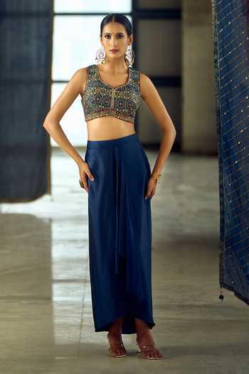 Samyukta Singhania_Blue Satin, Viscose, Modal Geometric Print Longline Jacket Dhoti Skirt Set _Online