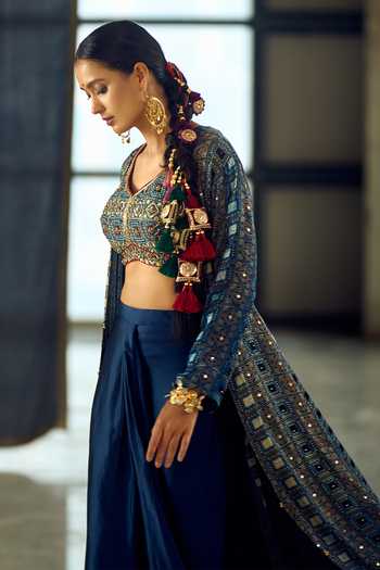 Shop_Samyukta Singhania_Blue Satin, Viscose, Modal Geometric Print Longline Jacket Dhoti Skirt Set _Online