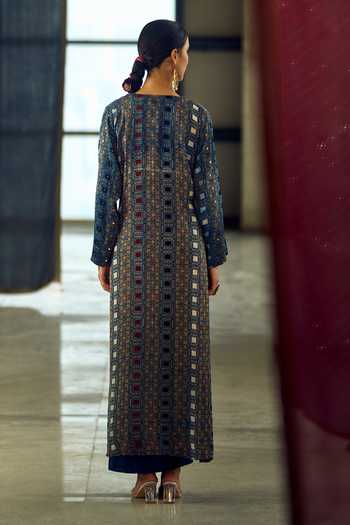 Samyukta Singhania_Blue Satin, Viscose, Modal Geometric Print Longline Jacket Dhoti Skirt Set 