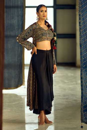 Buy_Samyukta Singhania_Multi Color Satin, Viscose, Modal Geometric Print Jacket Draped Skirt Set _Online_at_Aza_Fashions