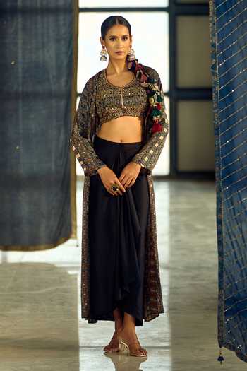 Shop_Samyukta Singhania_Multi Color Satin, Viscose, Modal Geometric Print Jacket Draped Skirt Set _Online_at_Aza_Fashions