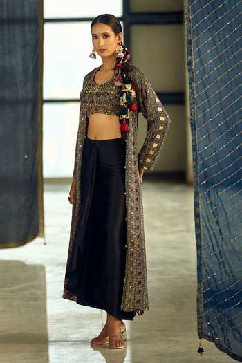 Samyukta Singhania_Multi Color Satin, Viscose, Modal Geometric Print Jacket Draped Skirt Set _at_Aza_Fashions