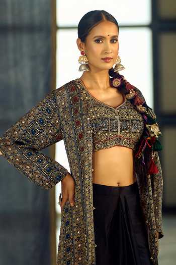 Buy_Samyukta Singhania_Multi Color Satin, Viscose, Modal Geometric Print Jacket Draped Skirt Set 