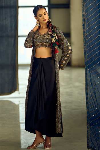 Shop_Samyukta Singhania_Multi Color Satin, Viscose, Modal Geometric Print Jacket Draped Skirt Set 