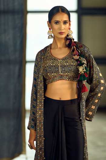Samyukta Singhania_Multi Color Satin, Viscose, Modal Geometric Print Jacket Draped Skirt Set _Online