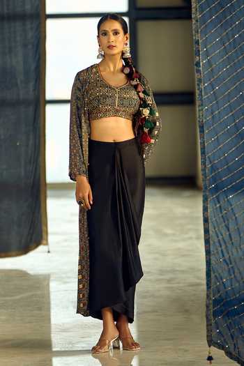 Shop_Samyukta Singhania_Multi Color Satin, Viscose, Modal Geometric Print Jacket Draped Skirt Set _Online