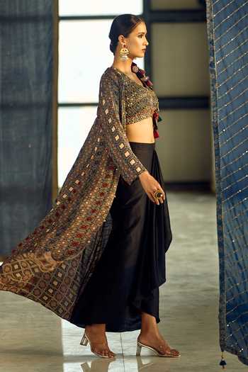 Samyukta Singhania_Multi Color Satin, Viscose, Modal Geometric Print Jacket Draped Skirt Set 
