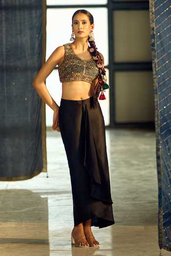 Samyukta Singhania_Multi Color Satin, Viscose, Modal Geometric Print Jacket Draped Skirt Set 