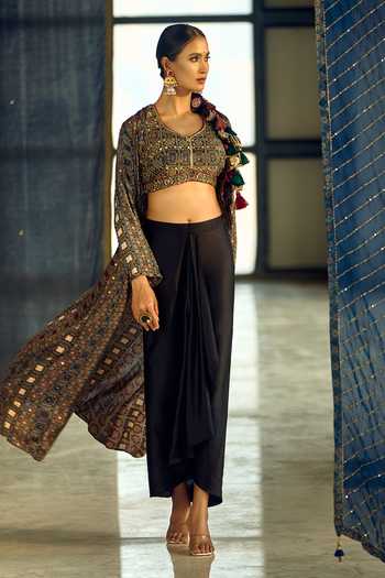 Samyukta Singhania_Multi Color Satin, Viscose, Modal Geometric Print Jacket Draped Skirt Set 