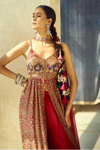 Buy_Samyukta Singhania_Maroon Satin, Viscose, Modal, Chinon Embroidery, Printed Kurta And Palazzo Set _Online_at_Aza_Fashions