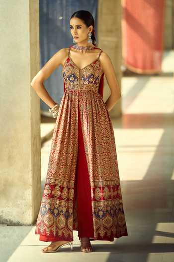 Shop_Samyukta Singhania_Maroon Satin, Viscose, Modal, Chinon Embroidery, Printed Kurta And Palazzo Set _Online_at_Aza_Fashions