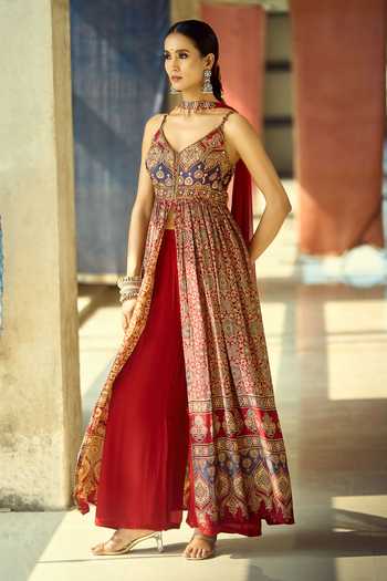 Shop_Samyukta Singhania_Maroon Satin, Viscose, Modal, Chinon Embroidery, Printed Kurta And Palazzo Set _Online
