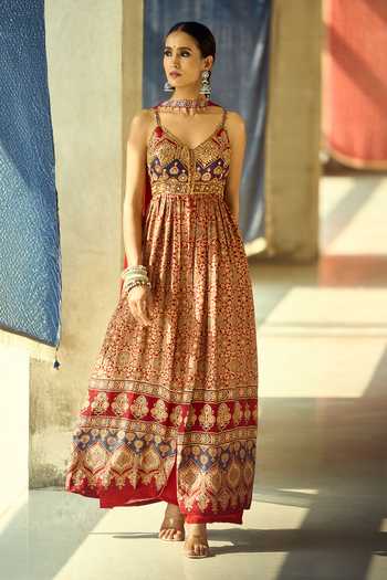 Samyukta Singhania_Maroon Satin, Viscose, Modal, Chinon Embroidery, Printed Kurta And Palazzo Set 