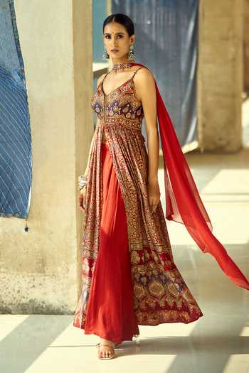Samyukta Singhania_Maroon Satin, Viscose, Modal, Chinon Embroidery, Printed Kurta And Palazzo Set 