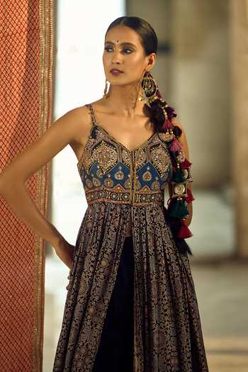 Buy_Samyukta Singhania_Black Satin, Viscose, Modal, Chinon Tassels, Floral Print Anarkali Palazzo Set _Online_at_Aza_Fashions