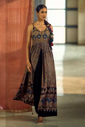 Samyukta Singhania_Black Satin, Viscose, Modal, Chinon Tassels, Floral Print Anarkali Palazzo Set _Online_at_Aza_Fashions