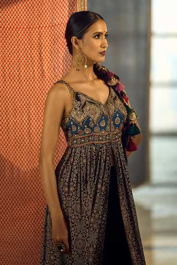 Shop_Samyukta Singhania_Black Satin, Viscose, Modal, Chinon Tassels, Floral Print Anarkali Palazzo Set _Online_at_Aza_Fashions