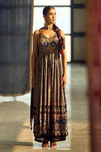 Samyukta Singhania_Black Satin, Viscose, Modal, Chinon Tassels, Floral Print Anarkali Palazzo Set _Online