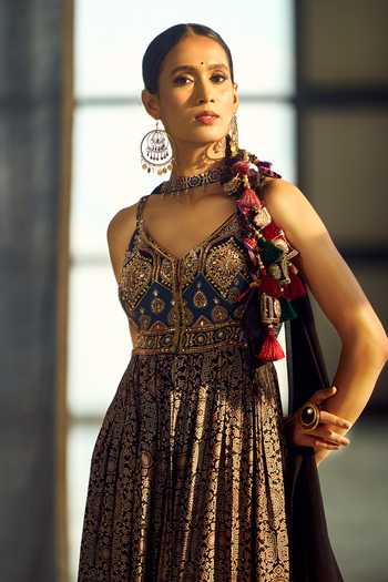 Shop_Samyukta Singhania_Black Satin, Viscose, Modal, Chinon Tassels, Floral Print Anarkali Palazzo Set _Online