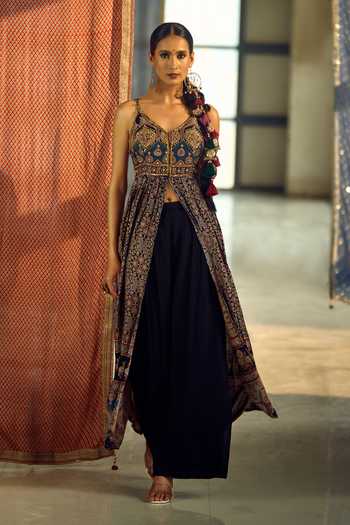 Samyukta Singhania_Black Satin, Viscose, Modal, Chinon Tassels, Floral Print Anarkali Palazzo Set 
