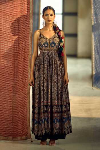 Samyukta Singhania_Black Satin, Viscose, Modal, Chinon Tassels, Floral Print Anarkali Palazzo Set 