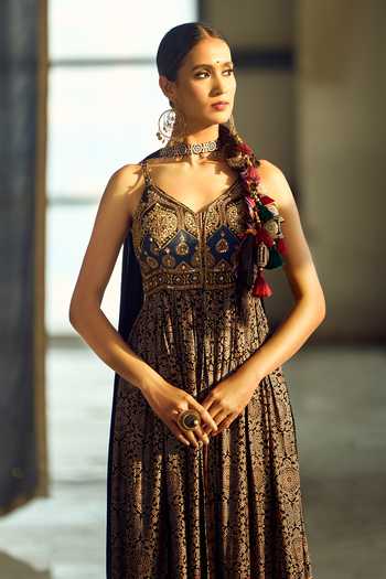 Samyukta Singhania_Black Satin, Viscose, Modal, Chinon Tassels, Floral Print Anarkali Palazzo Set 