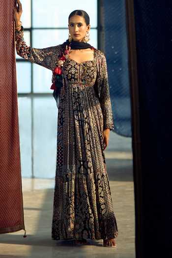 Buy_Samyukta Singhania_Blue Satin, Chiffon, Viscose, Modal Patchwork Printed Anarkali Palazzo Set _Online_at_Aza_Fashions