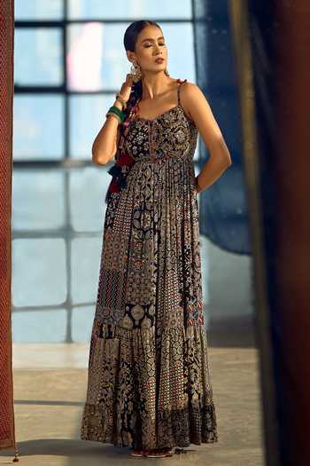Samyukta Singhania_Blue Satin, Chiffon, Viscose, Modal Patchwork Printed Anarkali Palazzo Set _at_Aza_Fashions