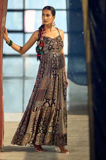 Buy_Samyukta Singhania_Blue Satin, Chiffon, Viscose, Modal Patchwork Printed Anarkali Palazzo Set 