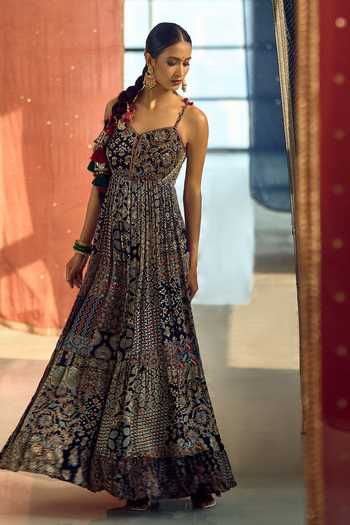 Shop_Samyukta Singhania_Blue Satin, Chiffon, Viscose, Modal Patchwork Printed Anarkali Palazzo Set 