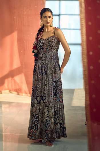 Samyukta Singhania_Blue Satin, Chiffon, Viscose, Modal Patchwork Printed Anarkali Palazzo Set _Online