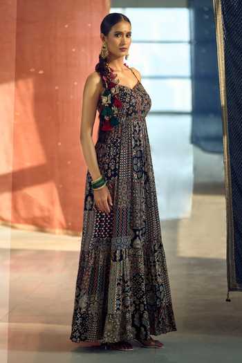 Buy_Samyukta Singhania_Blue Satin, Chiffon, Viscose, Modal Patchwork Printed Anarkali Palazzo Set _Online