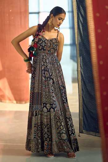 Shop_Samyukta Singhania_Blue Satin, Chiffon, Viscose, Modal Patchwork Printed Anarkali Palazzo Set _Online