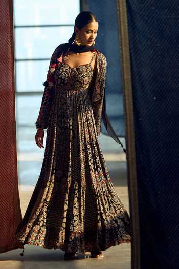 Samyukta Singhania_Blue Satin, Chiffon, Viscose, Modal Patchwork Printed Anarkali Palazzo Set 