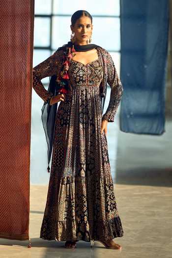 Shop_Samyukta Singhania_Blue Satin, Chiffon, Viscose, Modal Patchwork Printed Anarkali Palazzo Set _at_Aza_Fashions