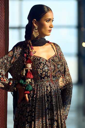 Samyukta Singhania_Blue Satin, Chiffon, Viscose, Modal Patchwork Printed Anarkali Palazzo Set 