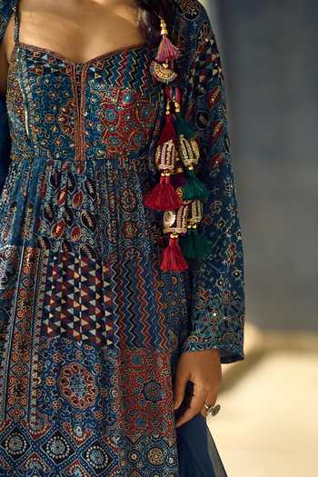 Buy_Samyukta Singhania_Black Satin, Chiffon, Viscose, Modal Geometric And Floral Print Anarkali Set _Online_at_Aza_Fashions