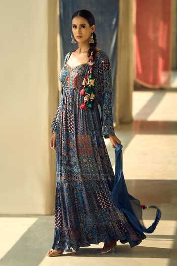 Samyukta Singhania_Black Satin, Chiffon, Viscose, Modal Geometric And Floral Print Anarkali Set _at_Aza_Fashions